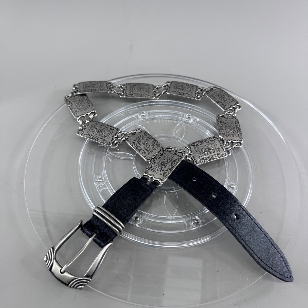 Silver Engraved Metal Concho Link Western Boho Black Belt Womens L Faux Leather